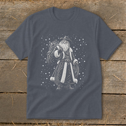 Cowboy Santa with sack and lasso on a t-shirt with falling snow.
