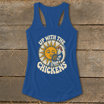 Blue racerback tank top featuring a graphic of a sun, rooster, and the text "Up With The Chickens".