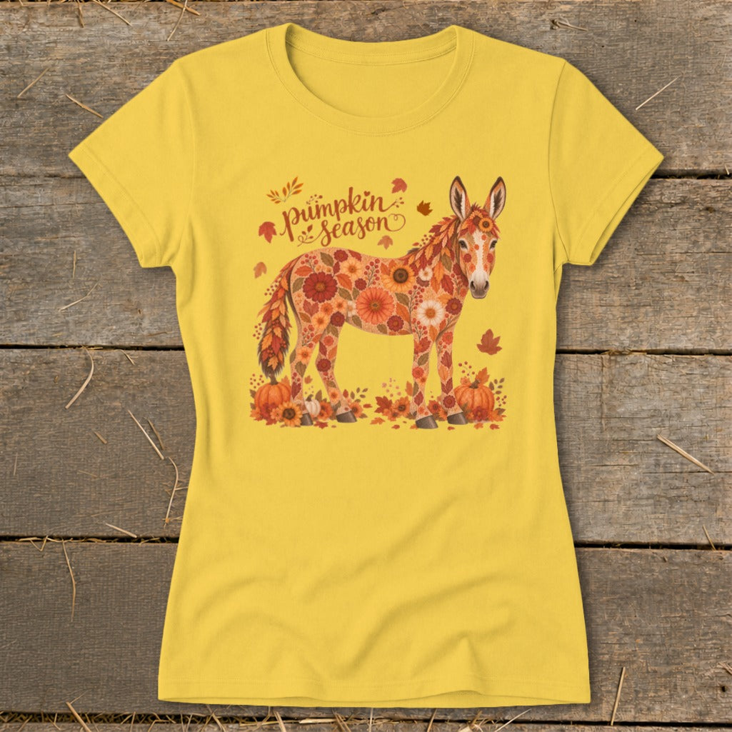 Yellow t-shirt with a floral donkey and "Pumpkin Season" text.