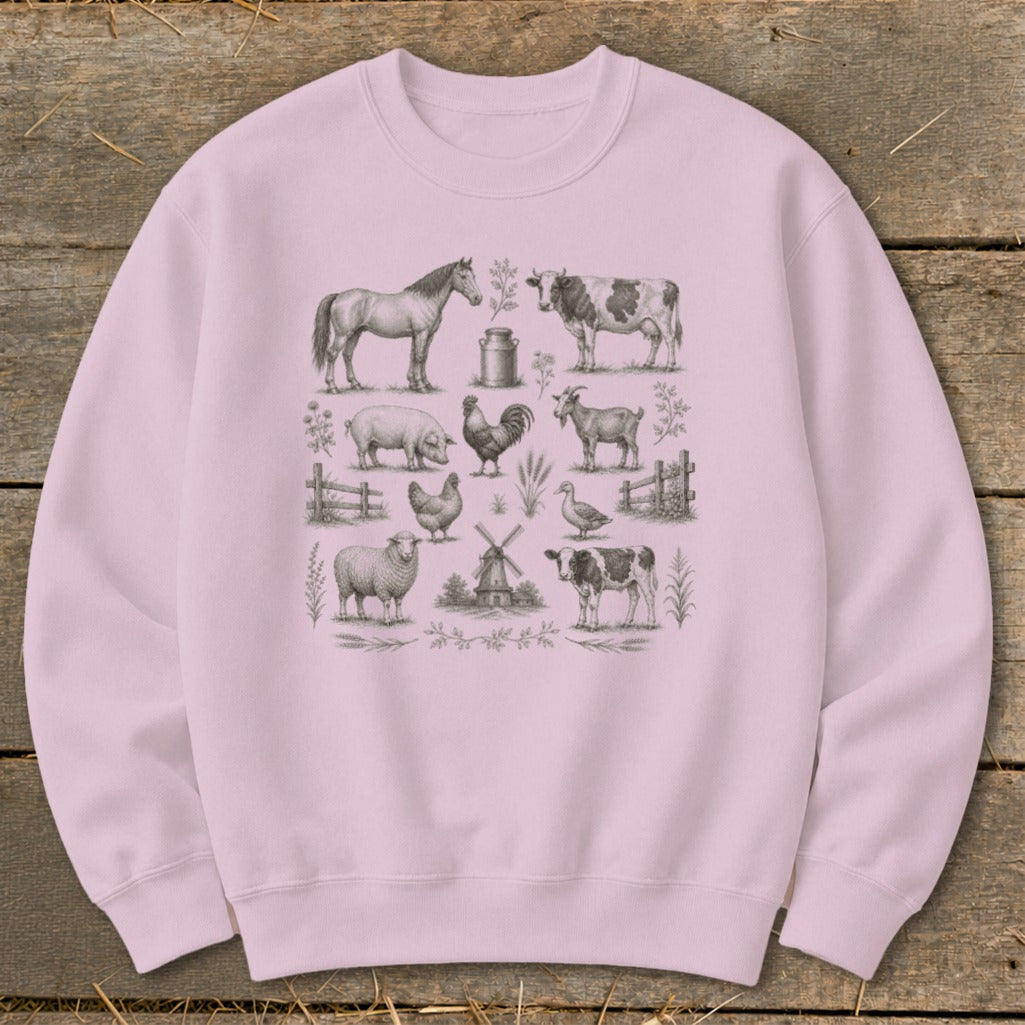 Light pink crewneck sweatshirt with a vintage farm animal sketch print.
