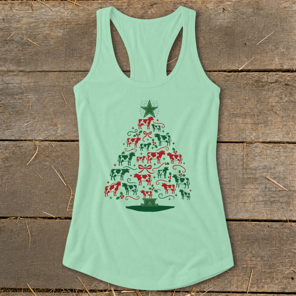 Mint green tank top with Christmas tree made of red and green cows.