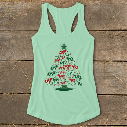 Mint green tank top with Christmas tree made of red and green cows.