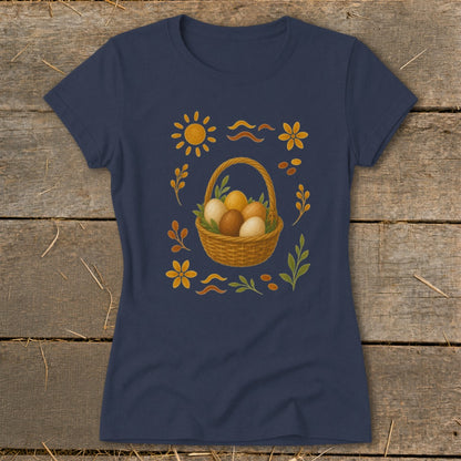 Navy t-shirt with a woven basket of Easter eggs and decorative sun and floral elements.