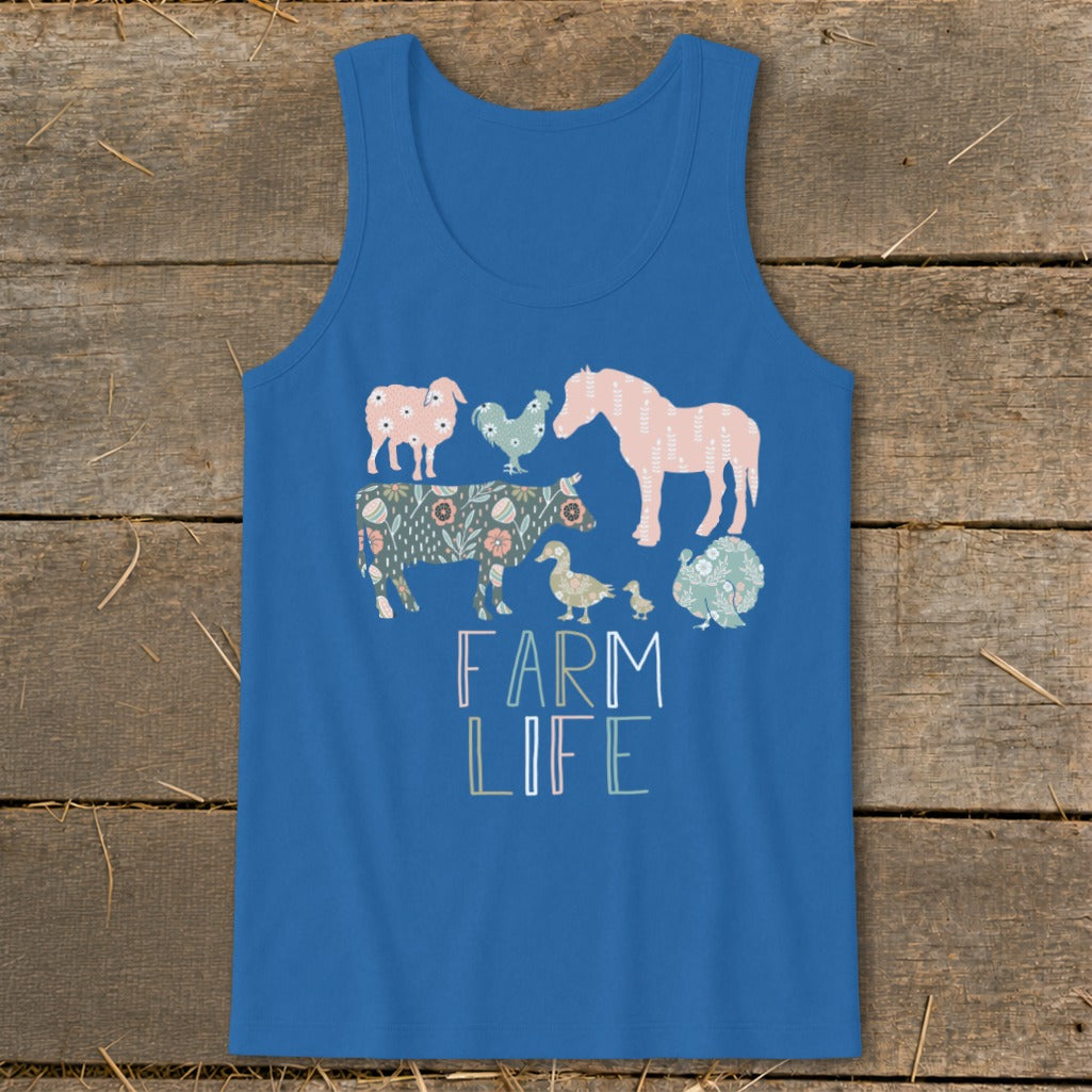 Blue tank top with floral farm animals and text "FARM LIFE."