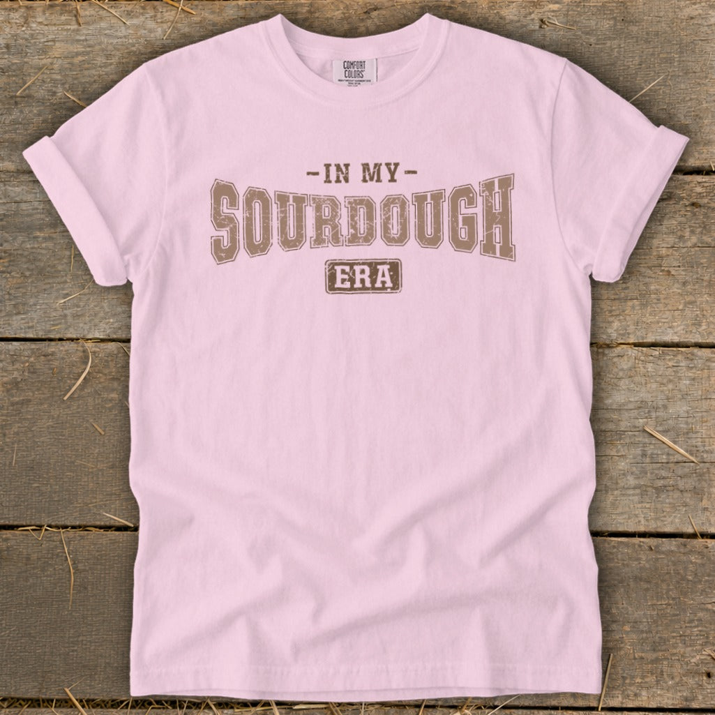 Pink t-shirt with "In My Sourdough Era" text.