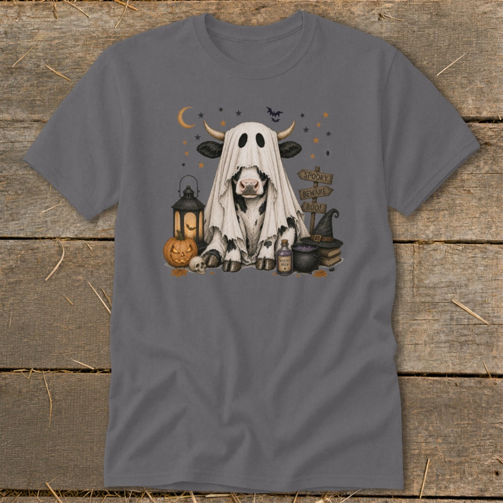 Cow dressed as a ghost with Halloween decorations, reading "Spooky Beware Boo!".