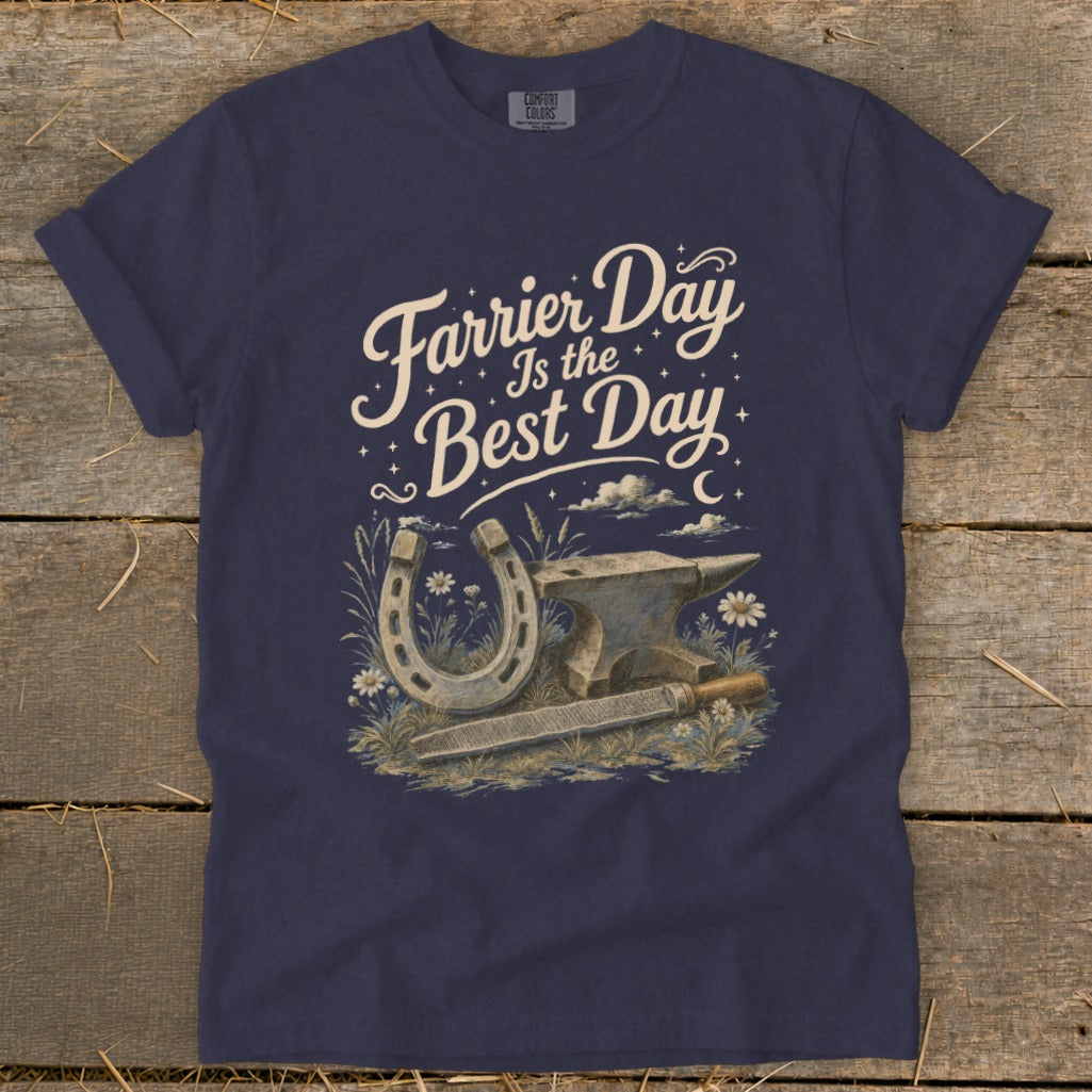 Navy t-shirt with "Farrier Day Is the Best Day" artwork featuring horseshoe, anvil, and file.