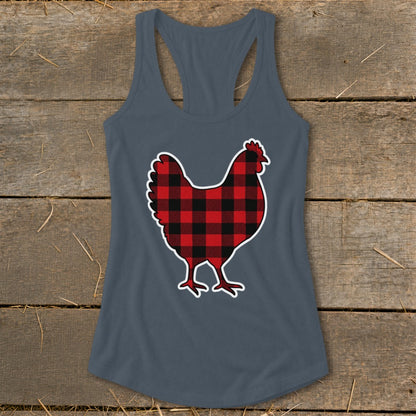 Dark gray tank top with a red and black buffalo plaid chicken graphic.