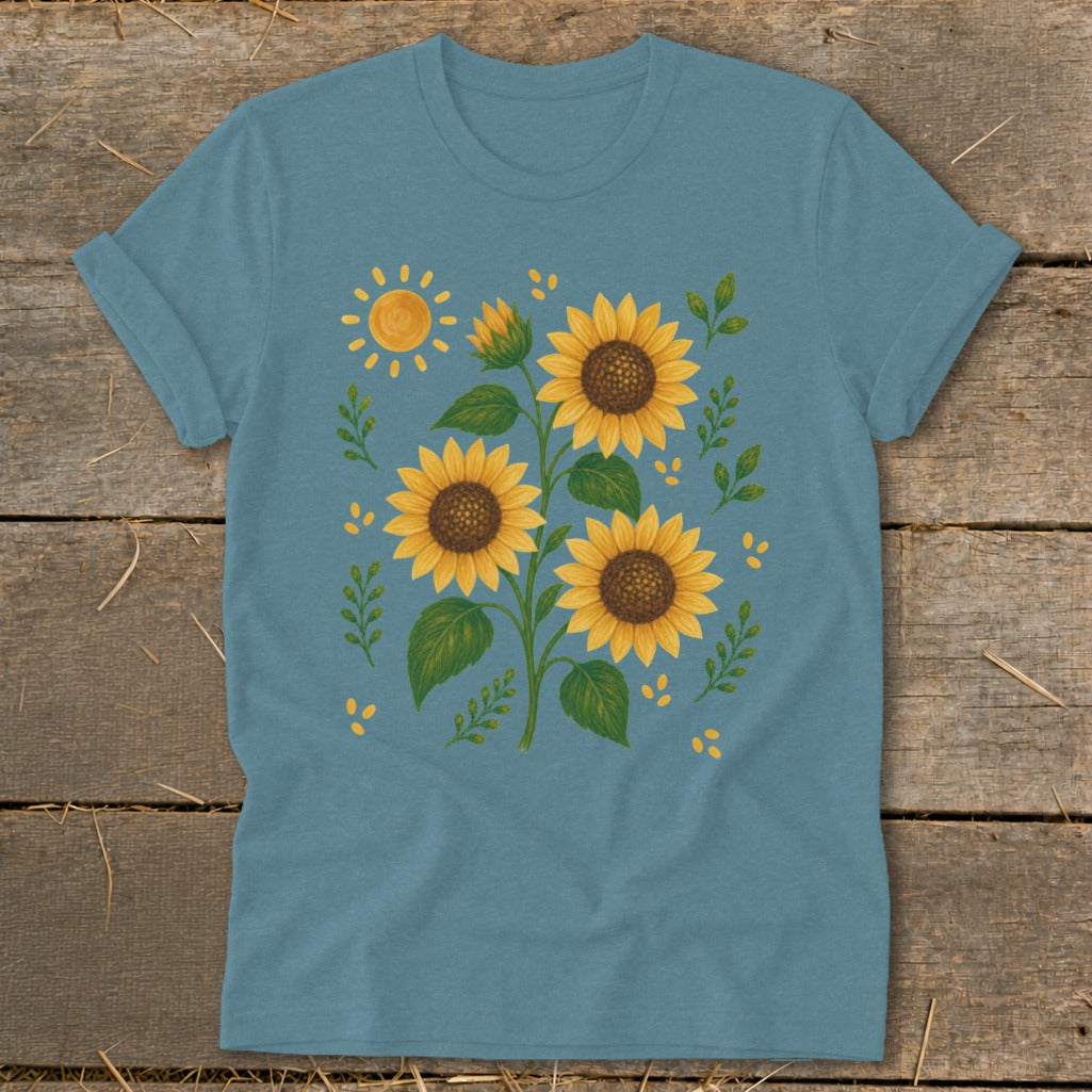 Blue t-shirt with a watercolor print of sunflowers and a smiling sun.