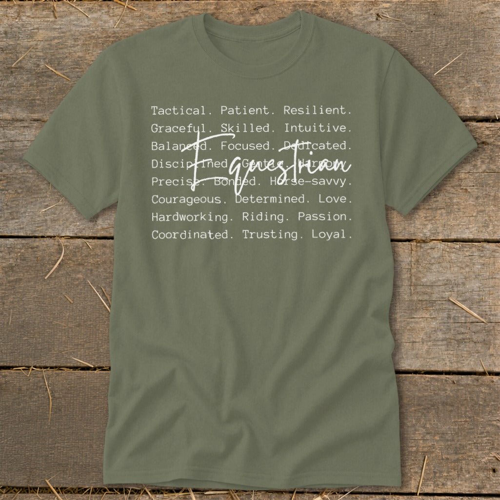 Green t-shirt with white text listing equestrian traits like tactical, patient, resilient, and dedicated.