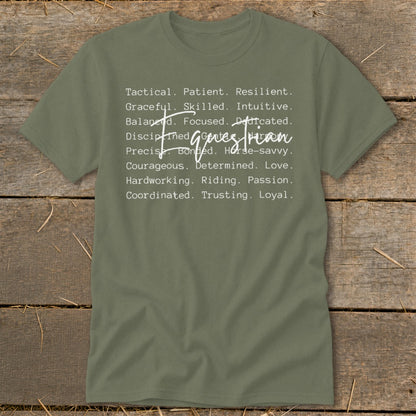 Green t-shirt with white text listing equestrian traits like tactical, patient, resilient, and dedicated.