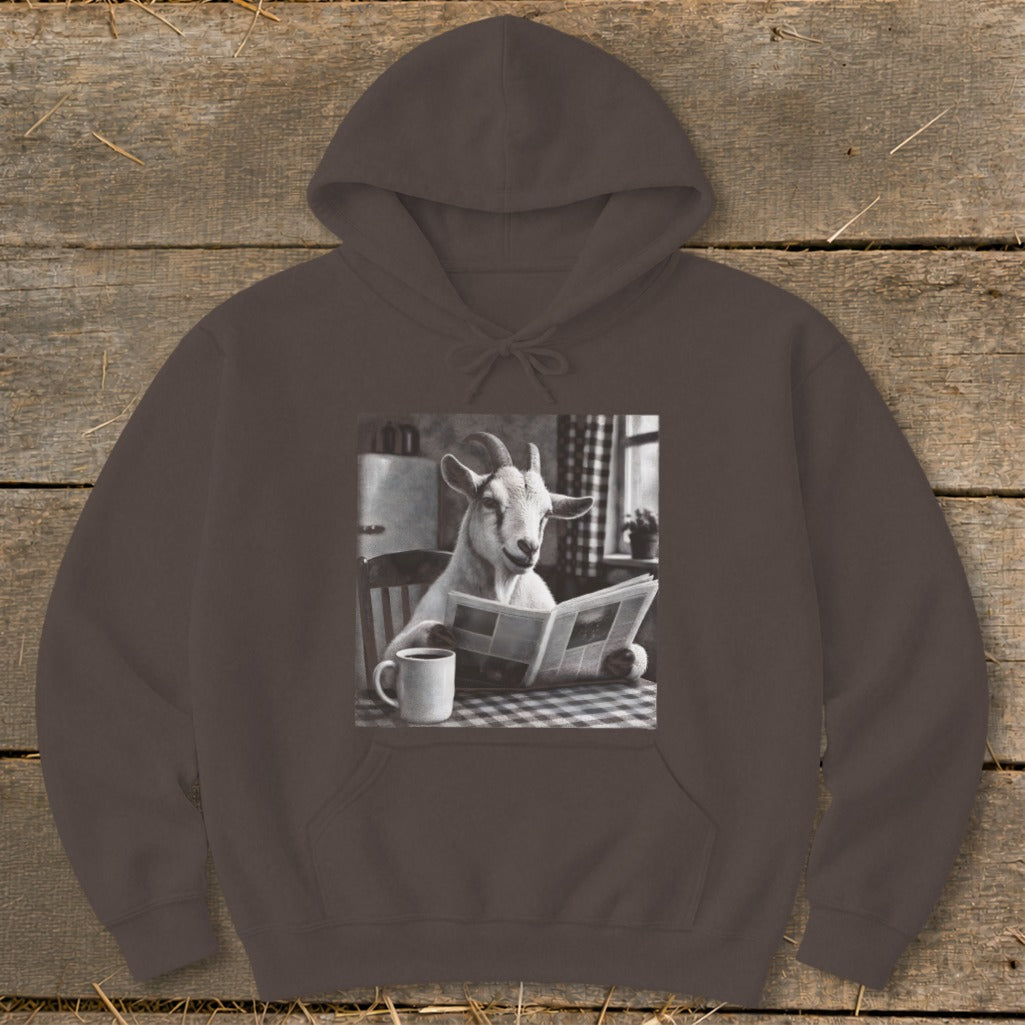 Dark brown hooded sweatshirt featuring a graphic of a goat reading a newspaper at a table.