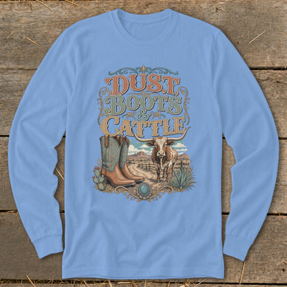 Long sleeve light blue shirt with "Dust, Boots & Cattle" graphic and western scene.