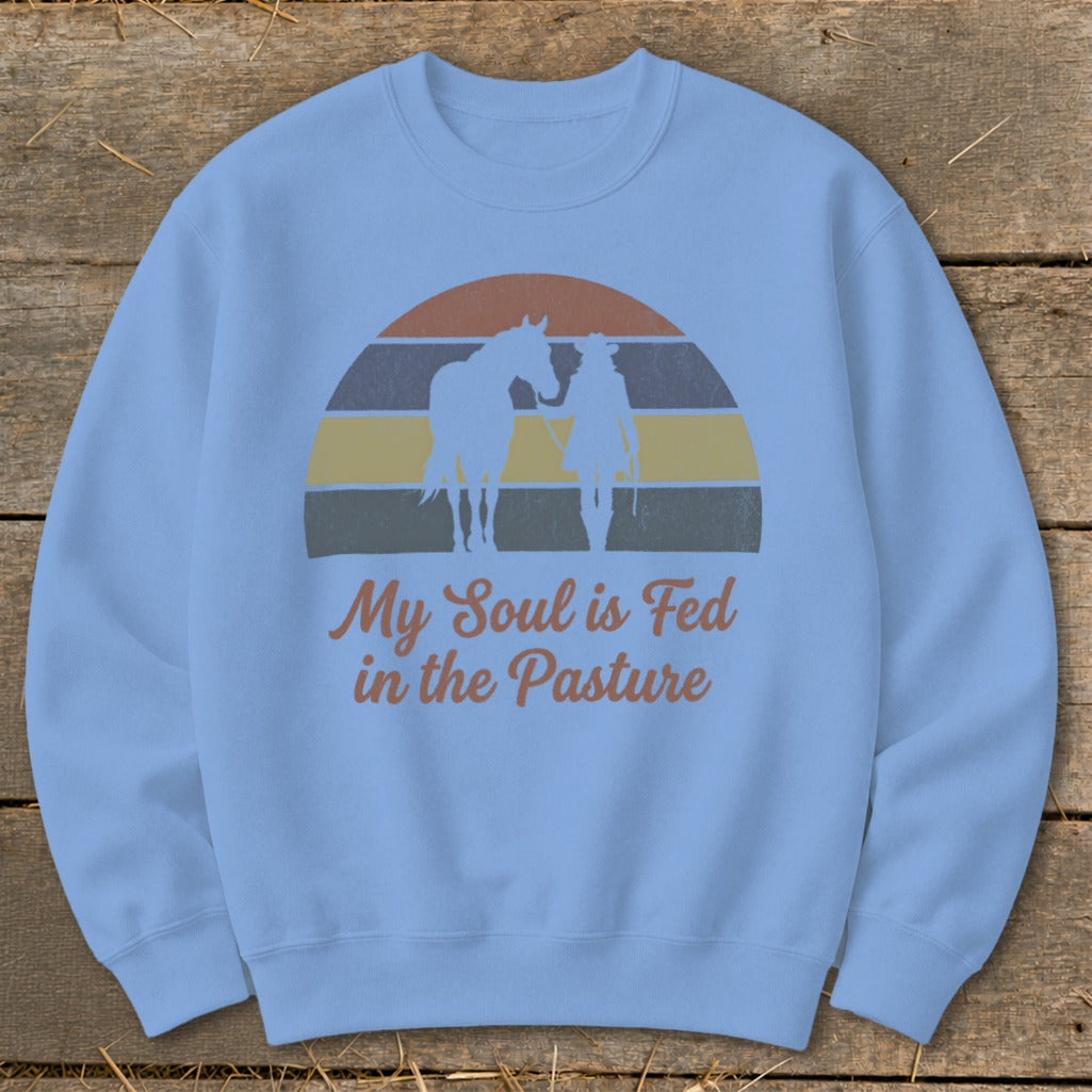Light blue sweatshirt with horse and rider silhouette over striped sunset and text.