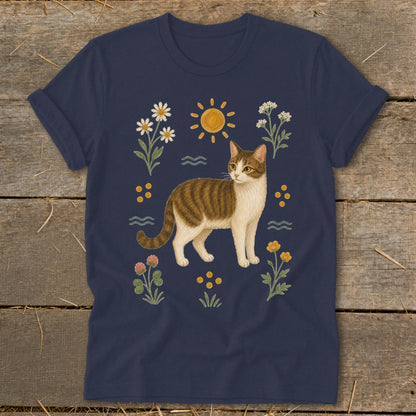 Navy t-shirt with a tabby cat illustration surrounded by flowers and the sun.