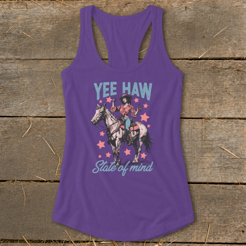 Purple tank top with "Yee Haw State of Mind" graphic featuring a cowgirl on a horse.