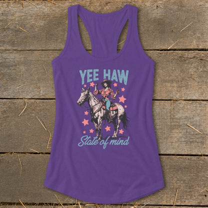 Purple tank top with "Yee Haw State of Mind" graphic featuring a cowgirl on a horse.