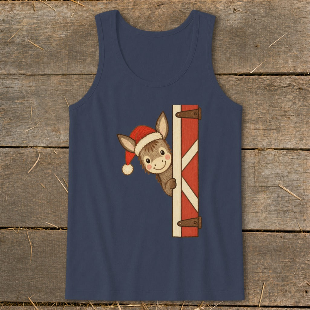 Navy tank top with cartoon donkey wearing Santa hat peeking from behind a red barn door.