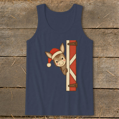 Navy tank top with cartoon donkey wearing Santa hat peeking from behind a red barn door.