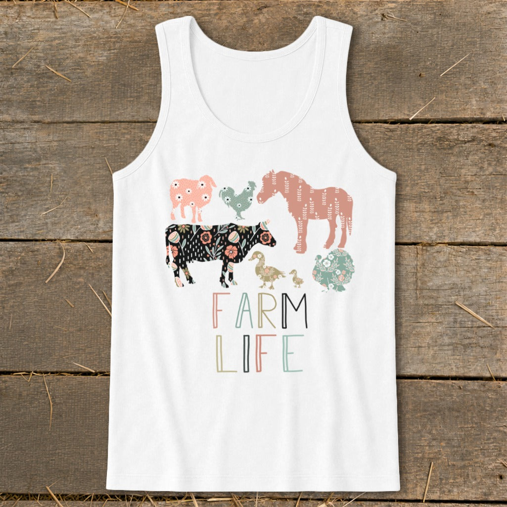 White tank top with a "FARM LIFE" graphic featuring stylized animals.