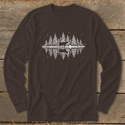 Brown long-sleeved shirt with white pine trees and a guitar graphic.