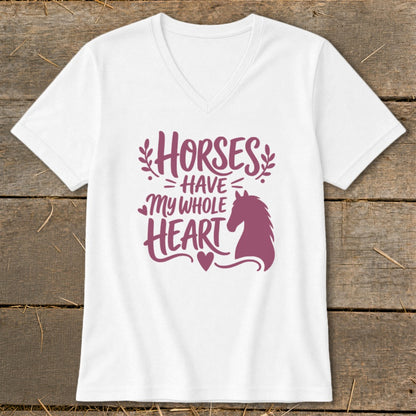 White v-neck t-shirt with purple text "Horses Have My Whole Heart" and horse silhouette.