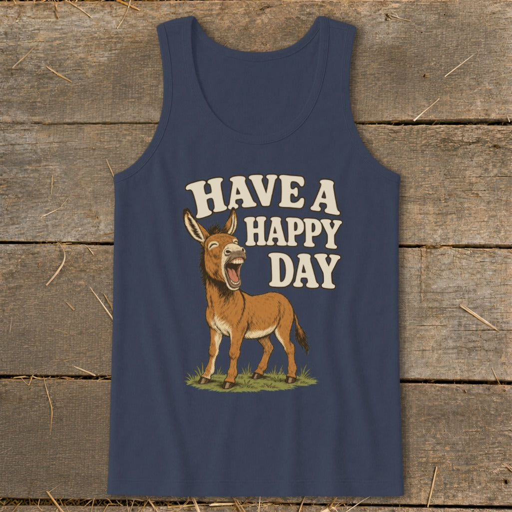 Navy tank top with a laughing donkey graphic and "HAVE A HAPPY DAY" text.