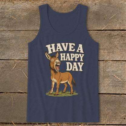 Navy tank top with a laughing donkey graphic and "HAVE A HAPPY DAY" text.