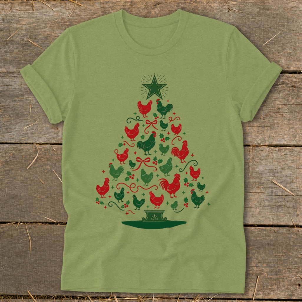 Green t-shirt with a Christmas tree made of red and green chickens.