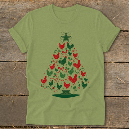 Green t-shirt with a Christmas tree made of red and green chickens.