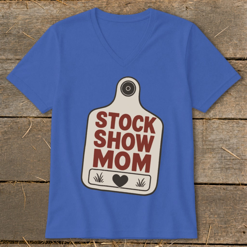 Blue t-shirt with a stock tag graphic reading "STOCK SHOW MOM"