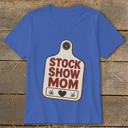 Blue t-shirt with a stock tag graphic reading "STOCK SHOW MOM"