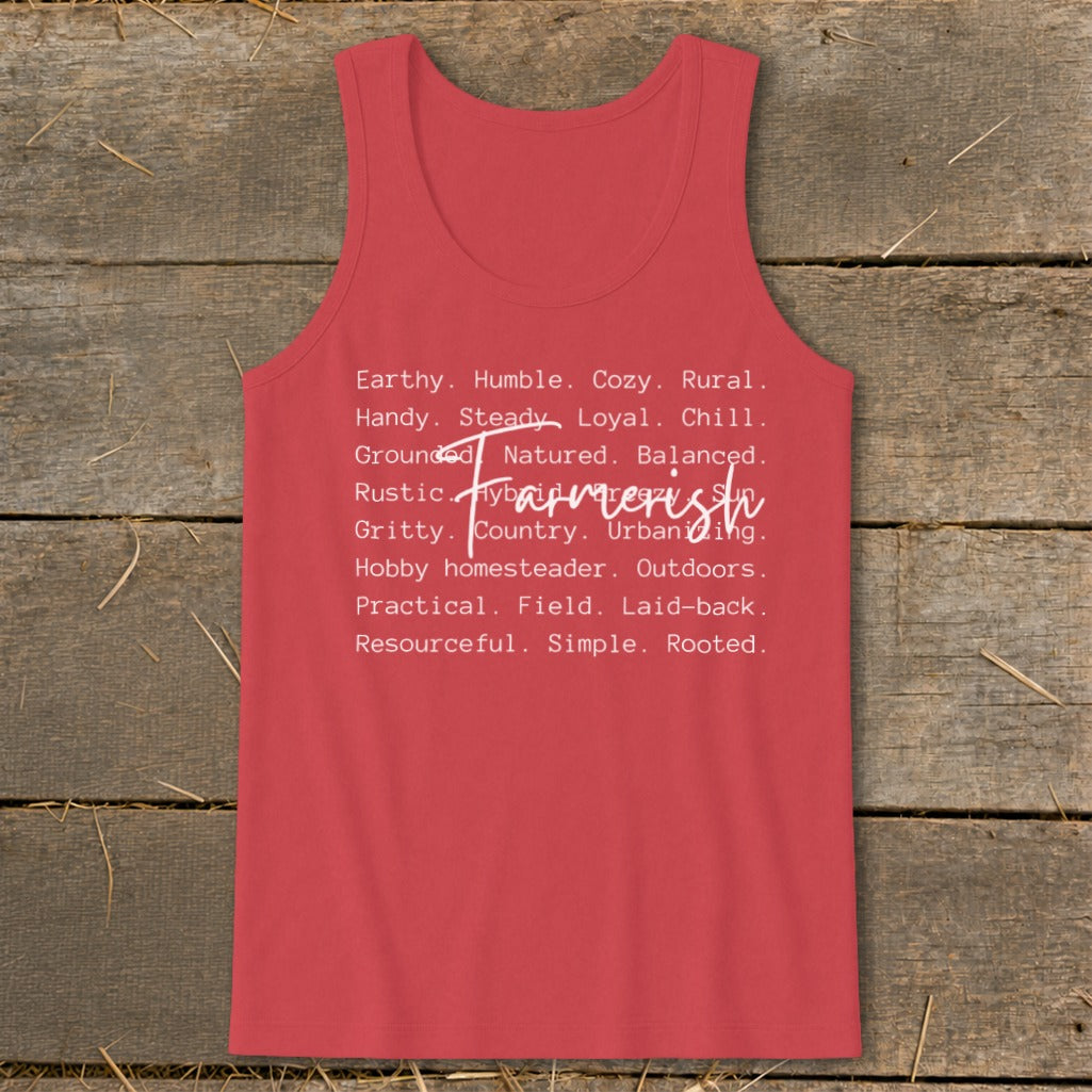 Red tank top with white text listing "Farmerish" and descriptive words.