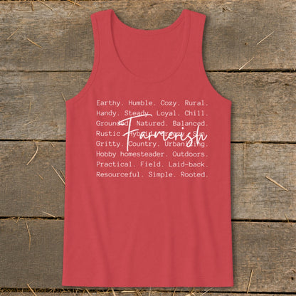Red tank top with white text listing "Farmerish" and descriptive words.
