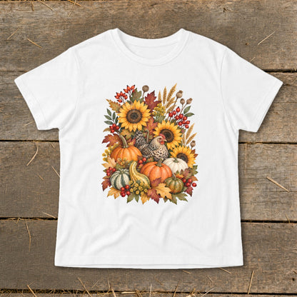 White t-shirt with a fall harvest graphic featuring pumpkins, sunflowers, and a chicken.