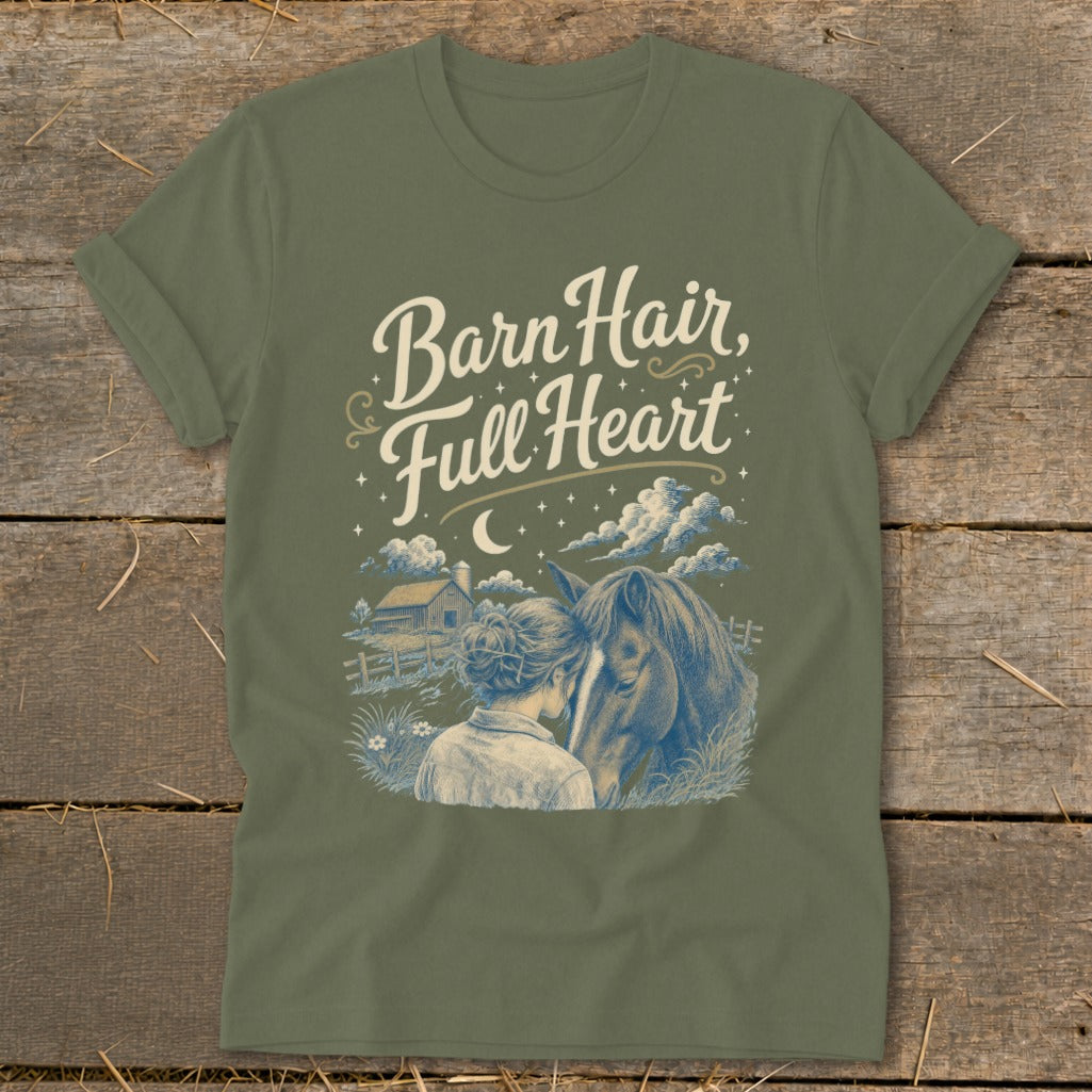 Green t-shirt with "Barn Hair, Full Heart" text and horse and person illustration.