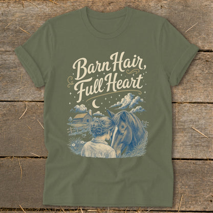 Green t-shirt with "Barn Hair, Full Heart" text and horse and person illustration.