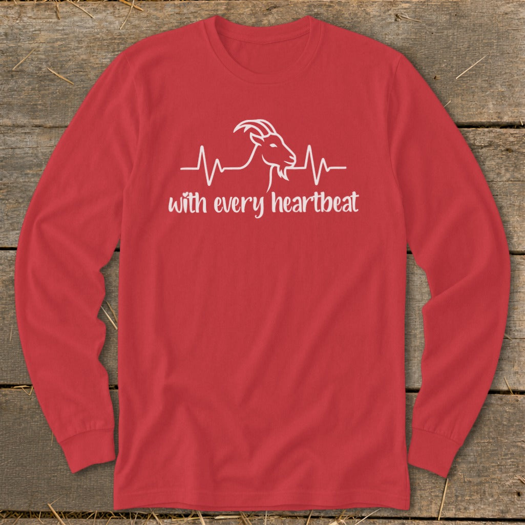 Red long sleeve shirt with white goat heartbeat graphic and text.