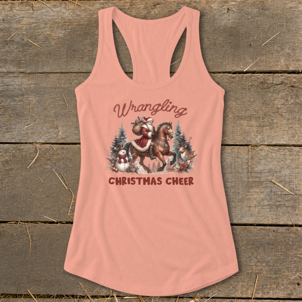 Santa riding a horse with "Wrangling Christmas Cheer" text and festive imagery.
