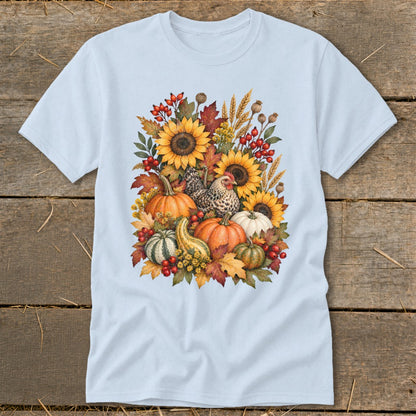 Light blue t-shirt with watercolor fall harvest design featuring sunflowers, pumpkins, gourd, and chicken.