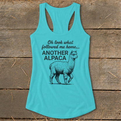 Teal tank top with "Oh look what followed me home... ANOTHER ALPACA" and an alpaca illustration.