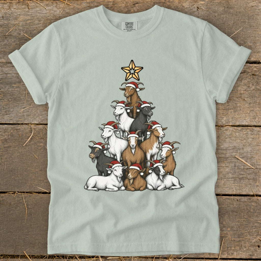 Goats wearing Santa hats form a Christmas tree shape topped with a star.