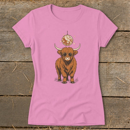 Highland cow wearing sunglasses with a disco ball above its head.
