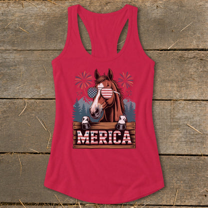 Horse wearing American flag sunglasses and "MERICA" text with fireworks background.