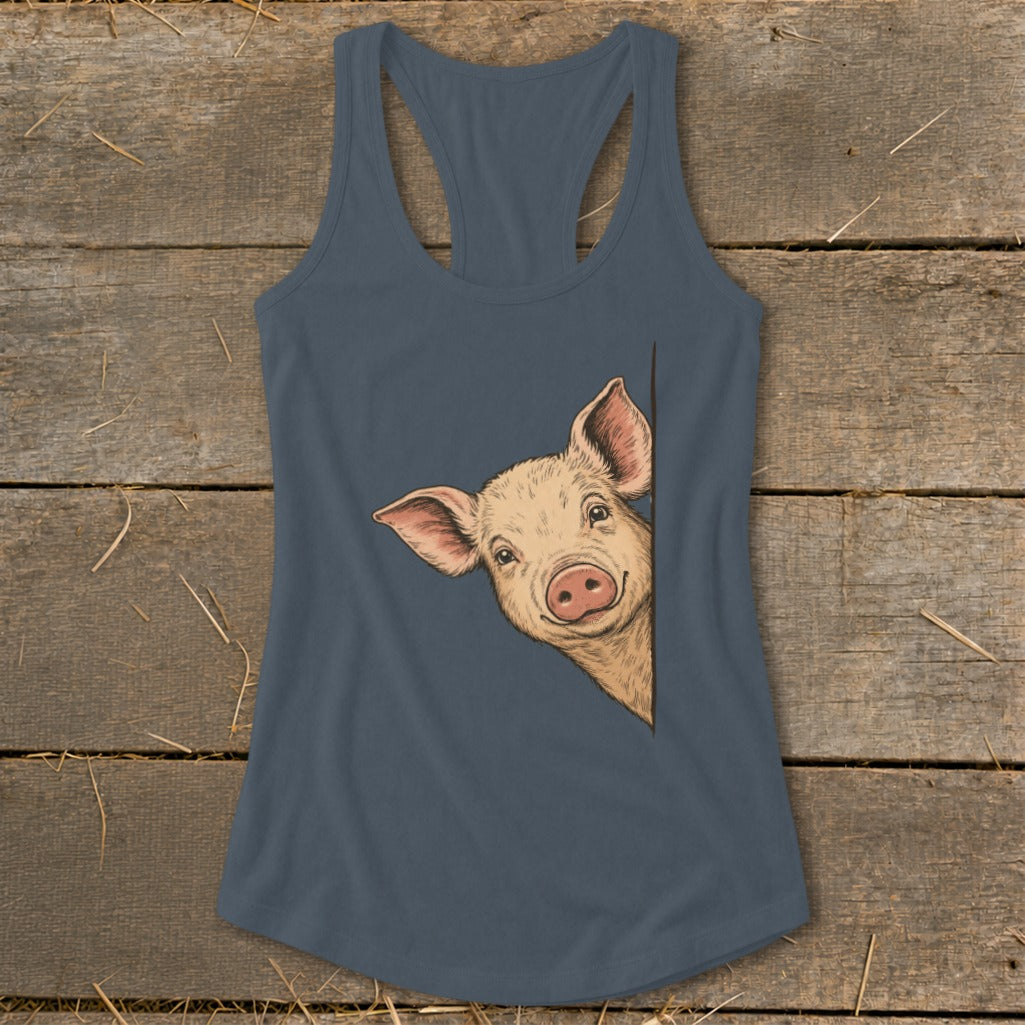 Tank top with a drawing of a happy pig peeking from the side.