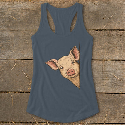 Tank top with a drawing of a happy pig peeking from the side.
