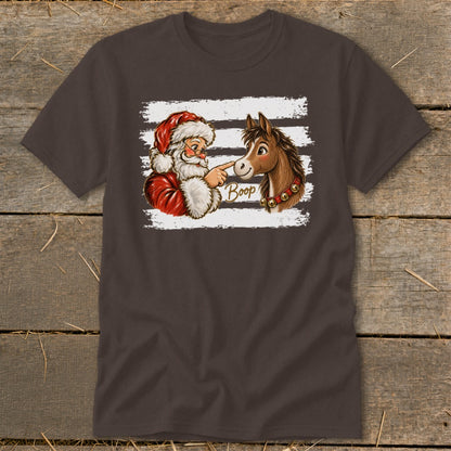Santa booping a horse's nose with text that reads "Boop".