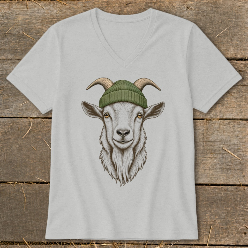 T-shirt with a detailed illustration of a goat wearing a green beanie.