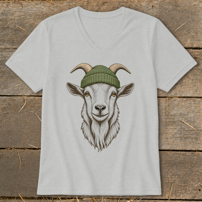 T-shirt with a detailed illustration of a goat wearing a green beanie.