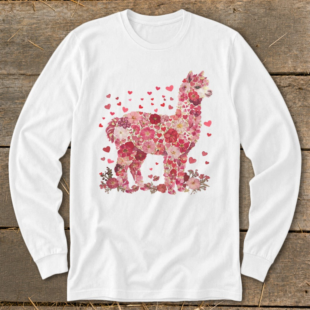 White long-sleeve shirt with a floral alpaca design composed of pink and red flowers and hearts.